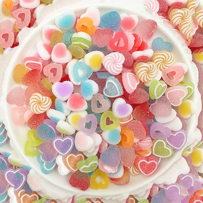 80pcs Jelly Sugar Soft Heart Candy Flatback Charms, DIY Craft Making Resin Jewelry Making Kit, Soft Candy Resin Flatback Beads for Women DIY Scrapbooking Hair Clip Crafts Cell Phone Case Making