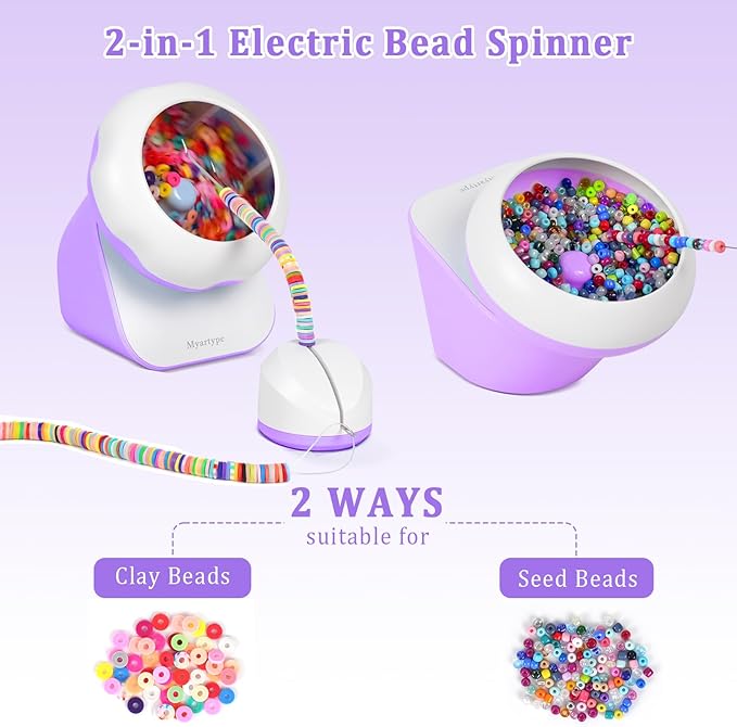 Clay Bead Spinner and Seed Bead Spinner, Electric Bead Spinner for Jewelry Making, Bracelet Spinner and Necklace Making Machine with Bead Needles and Thread (Purple), (Beads Not Included)