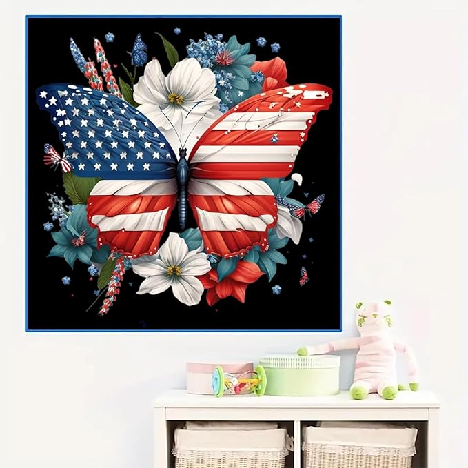 Patriotic Diamond Art Kit for Adults Independence Day Butterfly Diamond Painting Kits for Adult Beginners Full Drill Round 4th of July Diamond Art Painting Kits for Home Wall Decor 13.8x13.8in