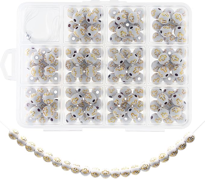 143 Pcs 10mm White Acrylic Cross Beads for Bracelet Making, DIY Christian Religious Rosary Beads with 2m Elastic String & 12-Section Storage Box, Jewelry Making Supplies for Men Women