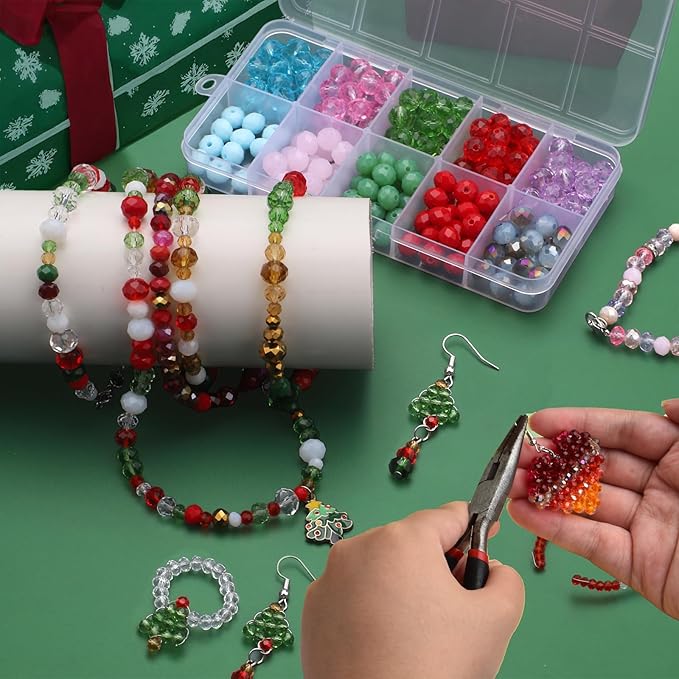 200pcs 8MM Faceted Rondelle Glass Beads for Jewelry Making, Briolette Crystal Glass Beads Plated Round Loose Spacer Beads for DIY Supplies Bracelets Necklaces Earrings (Christmas)