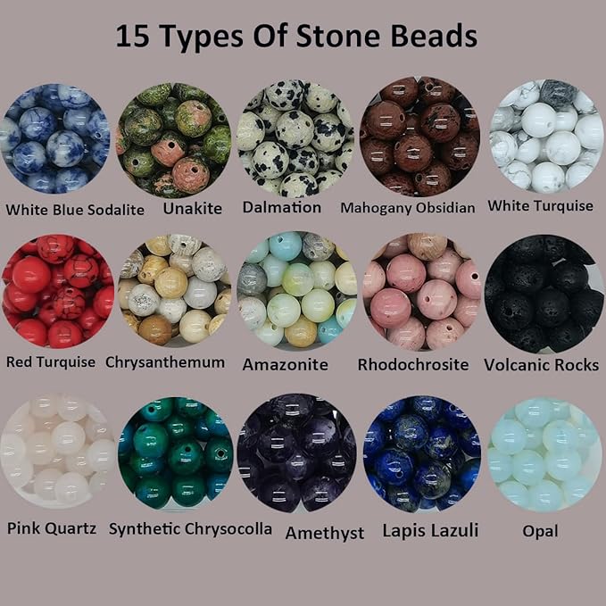 Yephac 8mm Natural Round Stone Beads-Loose Gemstone Beading-Hole Size 1mm for Jewelry Making,Box Packed (15 Material-2,8mm)