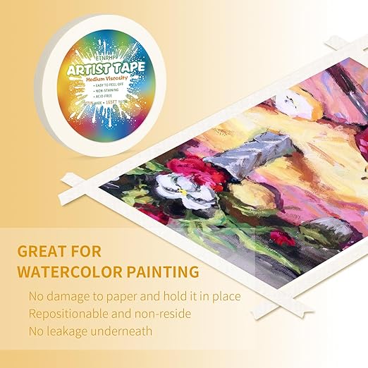 White Art Tape Medium Tack Artist Masking Tape Paper Acid Free Tape Watercolor Painters Tape Artists Tape for Drafting Art Watercolor Painting Canvas Framing, 0.7 inch Wide 165FT Long