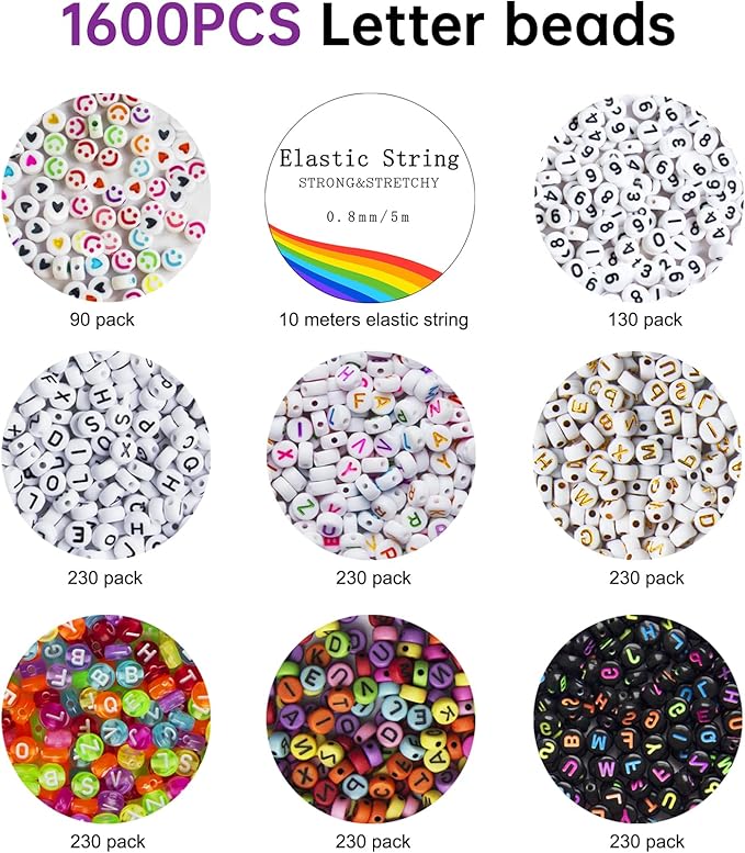 Redtwo 1600 Pcs Letter Beads Kit, 6 Styles of Colorful Alphabet Beads for Bracelet, Number Smiley Face Beads Heart Beads and a Roll of Elastic String for Friendship Bracelet Kit