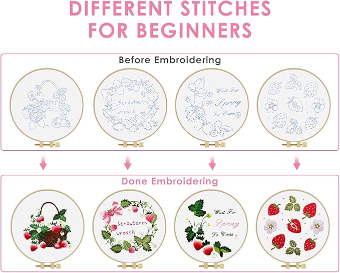 TINDTOP Embroidery Kit for Adult, 4 Pack Cross Stitch Practice Kits for Beginners Include Embroidery Cloth Hoops Threads for Craft Lover Hand Stitch with Embroidery Skill Techniques