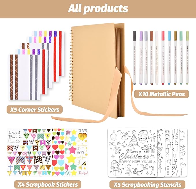 GOTIDEAL 12 x 12 Inch Scrapbook Album with 10 Metallic Markers,80 Pages Craft Paper Photo Album for Wedding and Anniversary, Family DIY Photo Album with Scrapbooking Stickers Corners(Yellow)