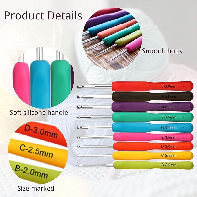blingcute ergonomic crochet hook set with case, 82 pcs crochet starter kit (0.6–10mm), aluminum hooks with soft grip, complete crochet set for beginners & chunky yarn