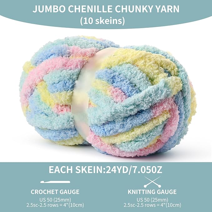 10 Pack Jumbo Chunky Yarn for Hand Knitting, Fluffy Variegated Chunky Chenille Yarn for Crocheting, 240yds/70.5oz Super Bulky Soft Crochet Baby Blanket Yarn(Candyfloss)