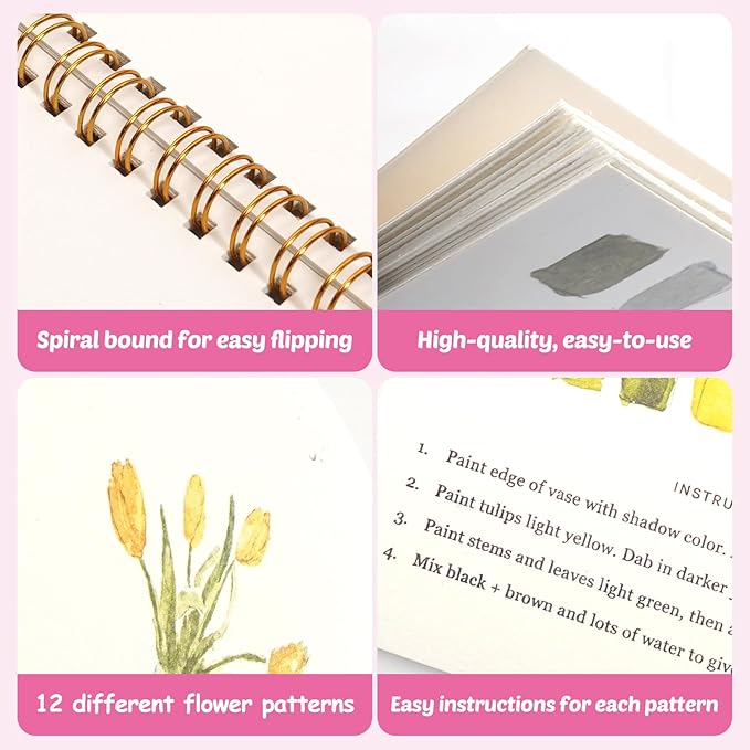 Watercolor Workbook for Adults Watercolor Coloring Books for Adults Beginners, Easy Water Coloring Book, Flower Water Color Paint Set Painting Kit with 1 Spiral Sketchbook, 12 Colors, 2 Brush 1 Bucket