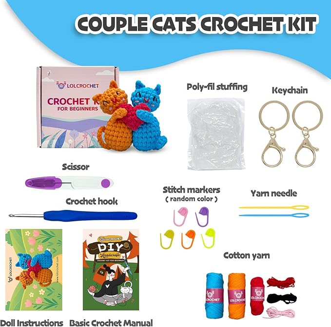 Love Heart Cat Crochet Kit for Beginners, Learn to Crochet Animal Starter Set with Video Tutorial & Crocheting Manual, Easy Yarn Knitting Kit for Adult & Kid 12+, Stuffed Kitten Doll Xmas Gift Idea