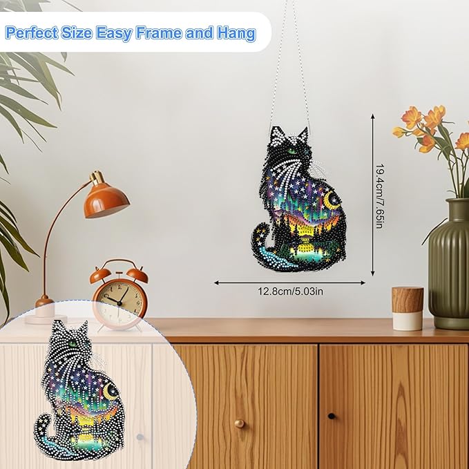 TOSTOG Aurora Kitten Diamond Art Pendant Kits for Adult, Star Diamond Painting Hanging Kit for Beginners, 5D DIY Crafts Gem Art, Waterproof Full Accessories for Home Decor Idea 20 * 20 cm/8 * 8 in