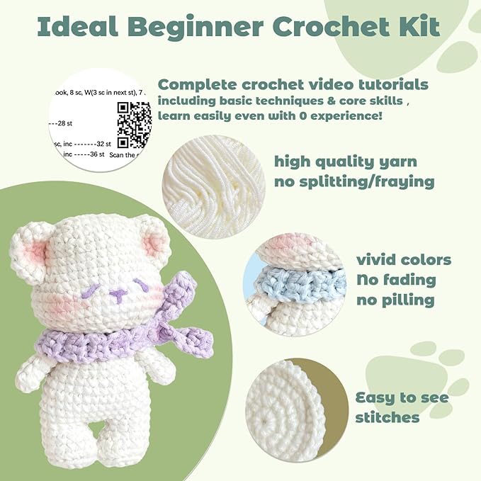 JueRum All in One Crochet Kit for Beginners,Bear Crochet Starter Kit with Step-by-Step Video Tutorials,Learn to Crochet Bear Animals Amigurumi Knitting Kit for Adult