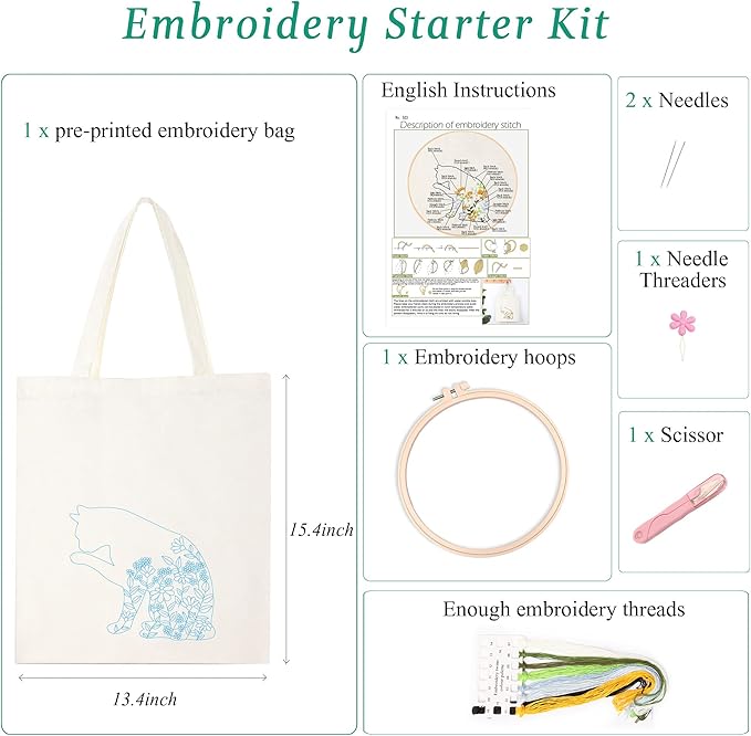 beginner canvas tote bag embroidery kit,white kitten pattern,cross stitch kits, including stamped embroidery bag with 1 embroidery hoops,needle, instructionmanual and color threads