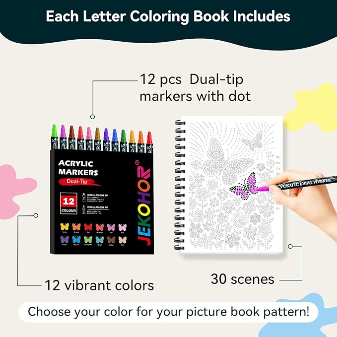 Coloring Book,Animal Dot Art Meditations with 12 PCS Acrylic Markers,Mindfulness Adult Coloring Book-Relaxing,Anti-Stress,30 Patterns Activity Coloring Books for Adults,Dot Art for Adults-Animal Plant