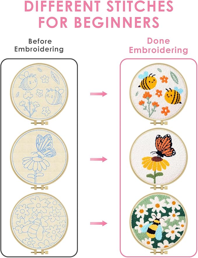 TINDTOP 3 Sets Punch Needle Kits, Flowers Punch Embroidery Kits for Adults Beginner, Tool with Punch Needle Fabric, Hoops, Yarns and Sewing Needles