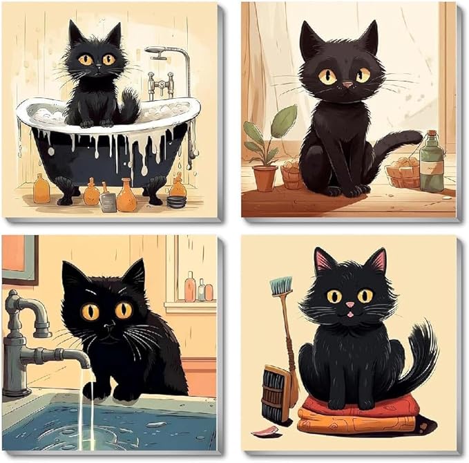 Funny Black Cat Paint by Numbers Kit for Adults Beginners, 4 Pack Cute Cat Easy Framed Adults Paint by Numbers Kits, DIY Black Cat Acrylic Oil Painting Number Kits for Home Wall Decor (8 x 8 Inch)