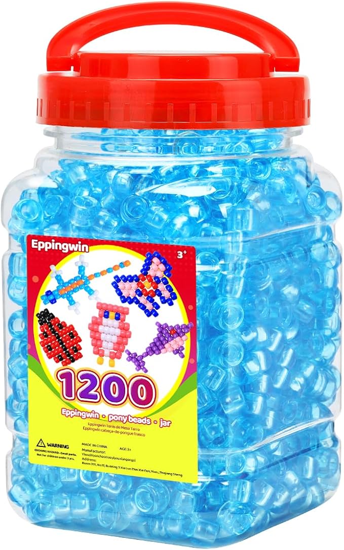 eppingwin 1200pcs pony beads for bracelets, 6x9mm kandi beads for hair braids, easy storage pony bead for jewelry making (blue transparent)