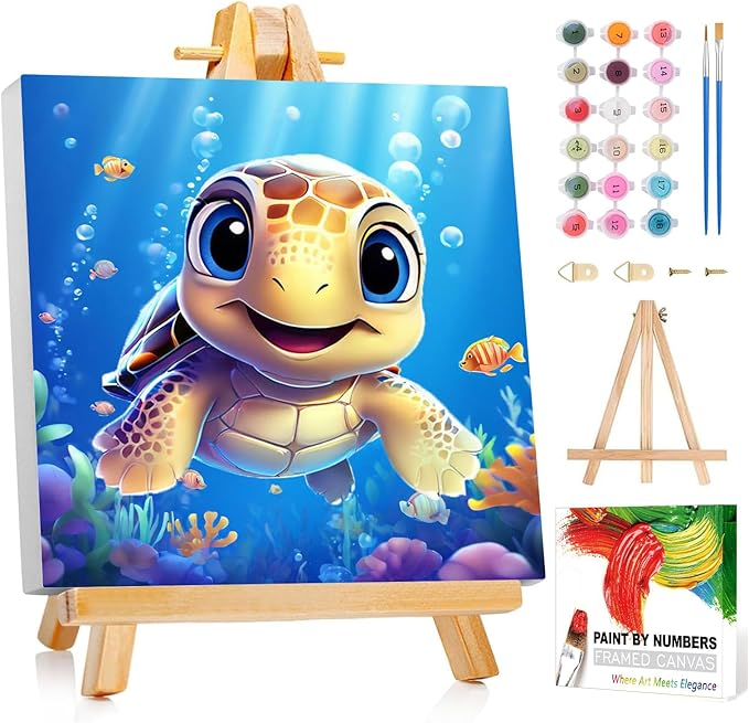 Reivworl Paint by Numbers Kit for Kids with Frame and Easel, Sea Turtles Paint by Number for Kids Age 6-8-12, Acrylic Paint by Numbers for Gifts and Home Decor (8X8inch)