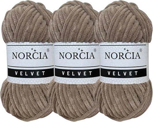 Soft Velvet Yarn Chenille Yarn for Crocheting Super Bulky 3x100g (3x75 yds) Baby Blanket Yarn for Knitting Amigurumi Yarn for Crochet Weaving Craft (Brown, 3 Skeins)