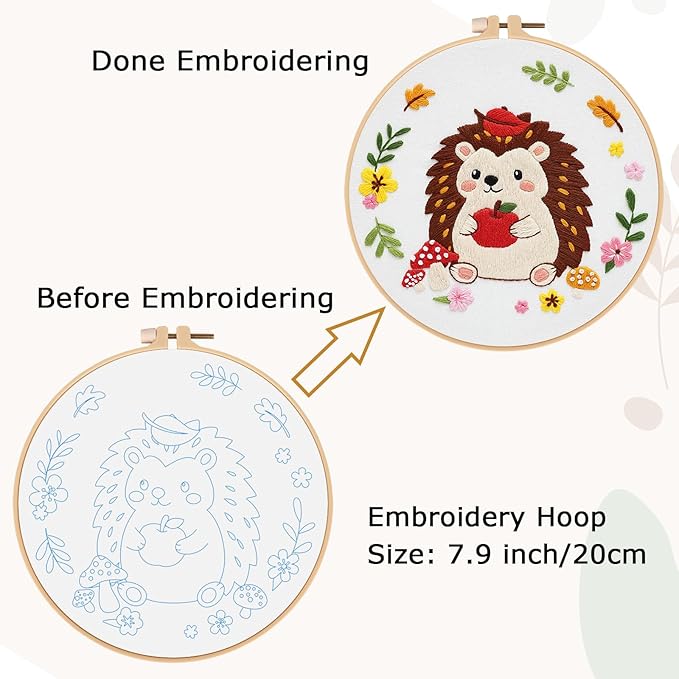 Louise Maelys Embroidery Kit for Beginners with Hedgehog Pattern - DIY Cross Stitch Kit with Pre-Printed Fabric, Hoop, Threads & Needles - Adorable Animal Embroidery Kits