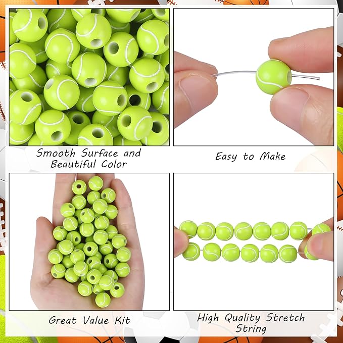 100pcs Tennis Beads with 5.5 Yard Elastic Rope,Acrylic Sports Beads DIY Spacer Bead for Necklace Bracelet Keychains Handmade Jewelry Making Accessories Craft Supplies,12mm(Tennis)