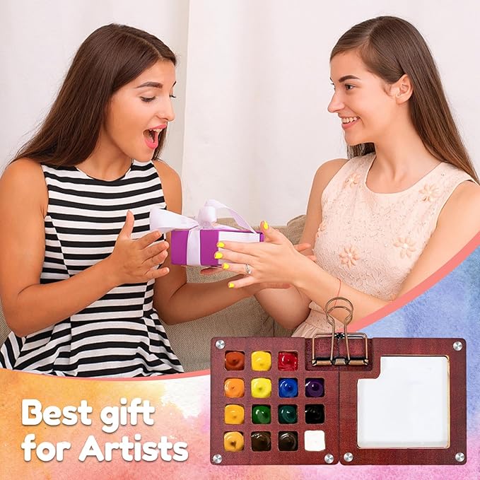 Mini Watercolor Travel Set – 24 color Paints, 15 Grids Portable Wooden Travel Palette, Brush, Sketchbook, Metal Clip – Perfect for Artists, Students Ideal for Outdoor Sketching