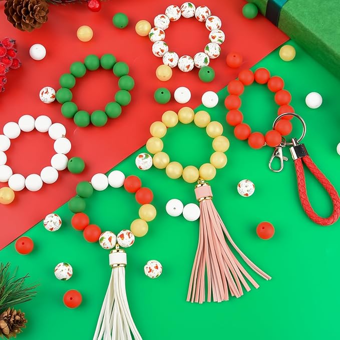 ASTARON 100 Pcs 15mm Silicone Beads for Keychain Making, Green Red Gold Round Beads Bulk for Christmas Bracelets Crafts Jewelry Making Supplies Christmas Gift Ideas Decorations
