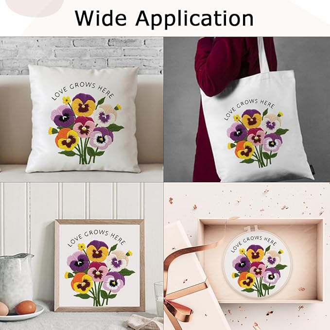Nuberlic Pansy Flower Embroidery Kit for Beginners Cross Stitch Kits- Complete Starter Set with Hoop, Pre-Printed Fabric, Threads & Needles