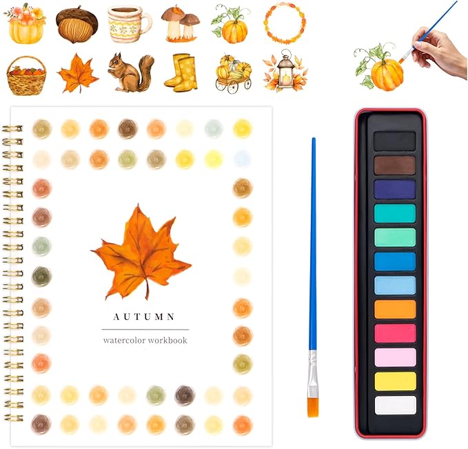 Watercolor Workbook for Adults, Beginner Friendly Watercolor Painting Kit Autumn Water Coloring Book, Nature-Themed Practice Art Gift Water Color Paint Book with Palette and Brush