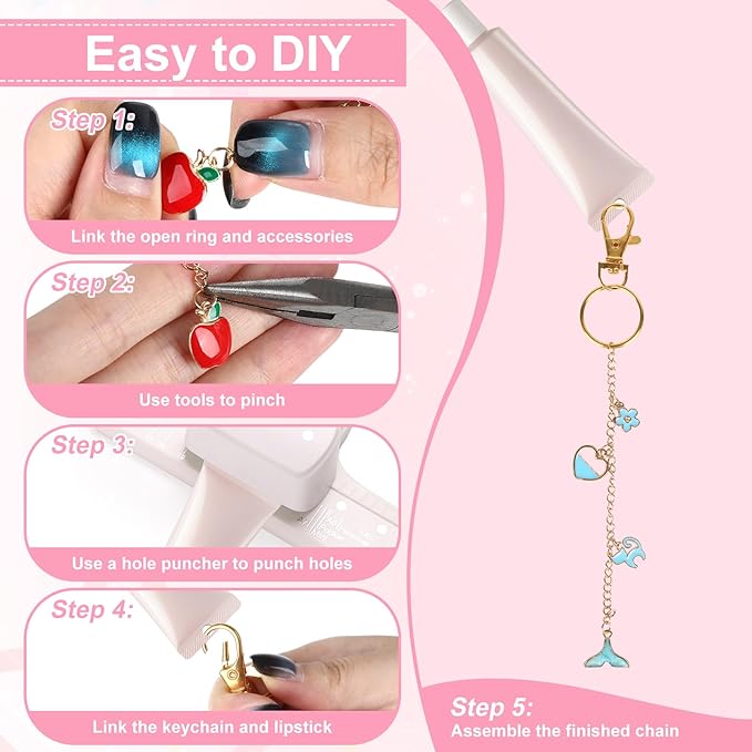 224 Pcs Lip Gloss Charm Keychain Set, Homemade Keychain Making Set, 100 Lip Gloss Charm, 20 Keychains, 1 Jewelry Plier, 1 Puncher, 16.5 Ft Rolls Chain, 100 Jumping Rings, for Jewelry Craft Gifts