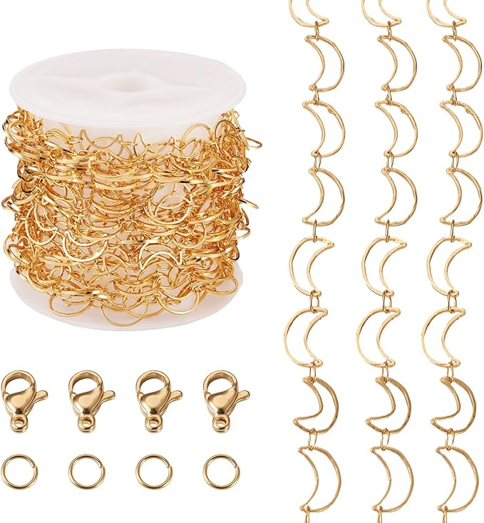 Sparkeads 9.84 Feet(3m) Golden Chain for Jewelry Making,Brass Hollow Moon Link Chains,Golden Link Necklaces for Women, Cable Chain for Bracelet DIY Earring Craft Jewelry Making Kits,10x6x1mm