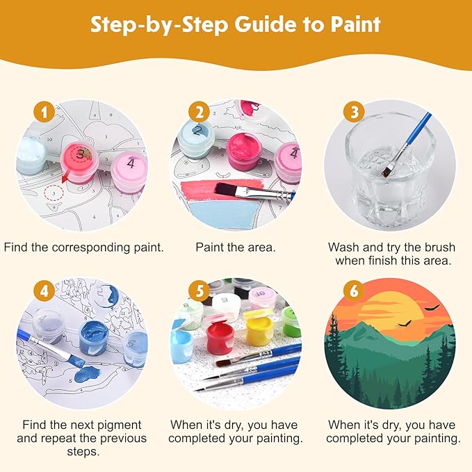 4 Pack Paint by Numbers for Adults with Wooden Framed, Nature Scenery, Sunset, Paint by Number Kits on Canvas for Beginner, DIY Acrylic Oil Painting Kits for Home Decor 8x8 inch, Mountain Landscape