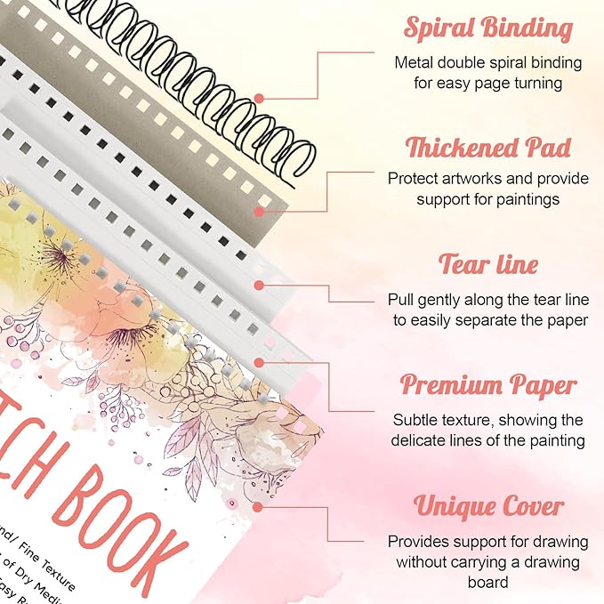 2 Pack Sketch Book with 36 Color Pencil Set, Spiral Sketchbook for Drawing (68lb/100gsm), Acid-Free Sketch Pad for Artist(9×12 inch), Art Paper Drawing Supplies for Gifts (Petal Theme)