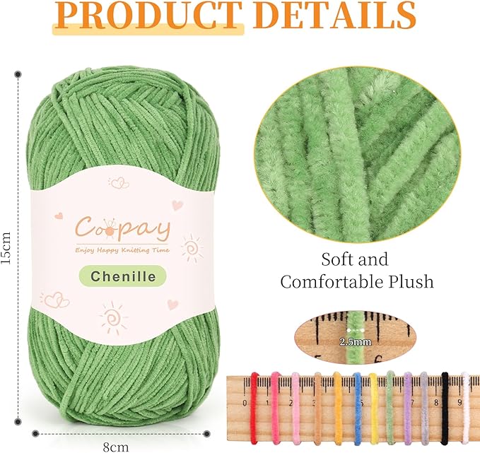 Coopay Skinny Chenille Yarn for Crocheting and Knitting, 12 Pack of 50g/1.76oz - 1764yd Total, Crochet Yarn of Light Weights - Suitable for Baby Blankets, Plush Toys, Garments - Super Soft (Green)