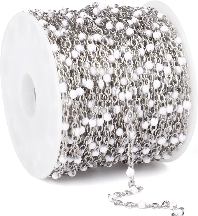 33 Feet Stainless Steel Enamel Chains Bulk, 2mm 304 Stainless Steel White Enamel Beaded Cable Link Chain Roll Spool for Jewelry Making