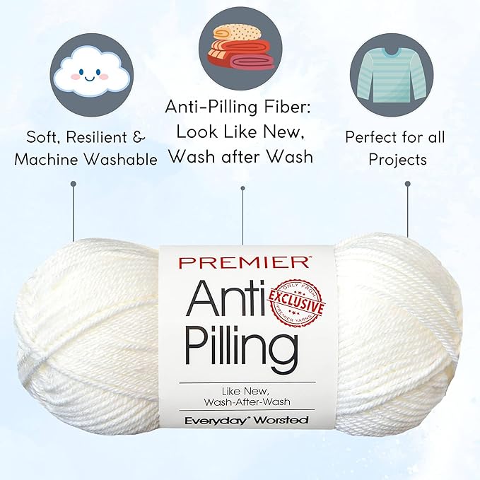 Premier Yarns Everyday Anti-Pilling Solid Snow White DN100-1 (6-Skeins - Same Dye Lot) #4 Worsted Weight Acrylic Yarn for Crocheting and Knitting with Project Bag