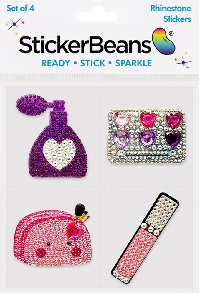 stickerbeans® rhinestone stickers – glam squad 2 4-pack, 2” x 2” unique sparkly cut-to-shape for collecting, trading, decorating laptops, phone cases, scrapbooks, kids, teens, & adults