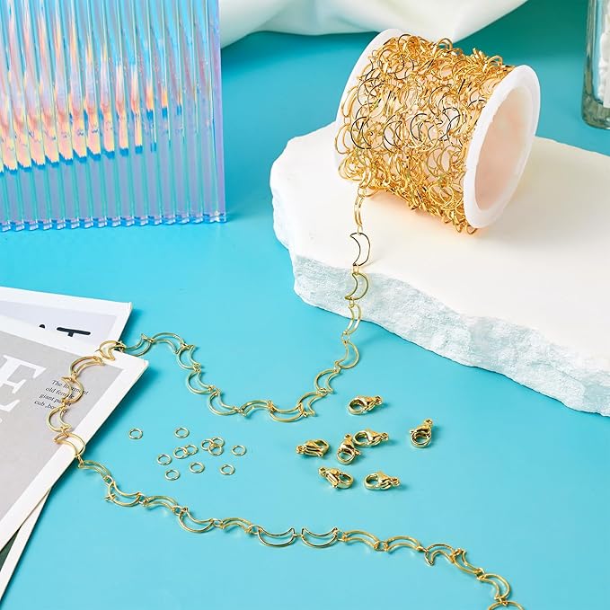 Sparkeads 9.84 Feet(3m) Golden Chain for Jewelry Making,Brass Hollow Moon Link Chains,Golden Link Necklaces for Women, Cable Chain for Bracelet DIY Earring Craft Jewelry Making Kits,10x6x1mm