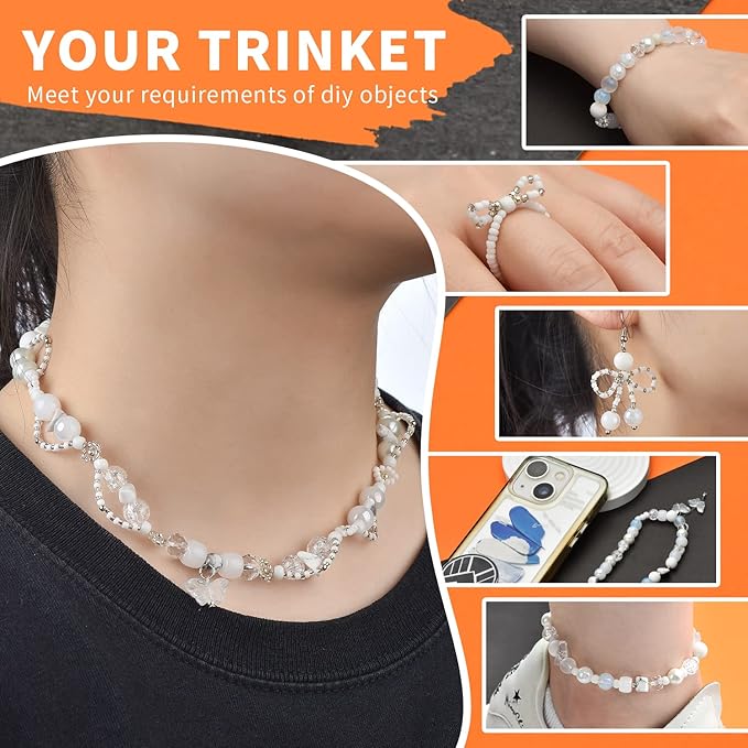 Rired 27 900pcs Snow White Beads for Jewelry Making, 12 Types Assorted Bead in One Box, Including Round/Glass Pony Beads/Rondelle/Rock/Bicone and Seed Bead