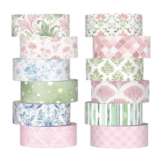 12 Rolls Watercolor Floral Washi Tape Set 15 mm Vintage Flower Decorative Masking Tape for Spring Arts DIY Craft Scrapbook Journal Supplies Gift Wrapping(Pink,Blue and Green,Garden)