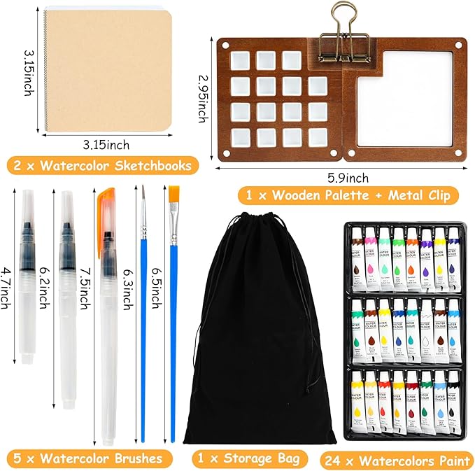 Mini Watercolor Paint Set, Pocket Watercolor Travel Set, Portable Travel Watercolor Palette Kit with Paint, Brush, Sketchbook, Copper Clip and Storage Bag for Beginners Artists Painting Enthusiasts
