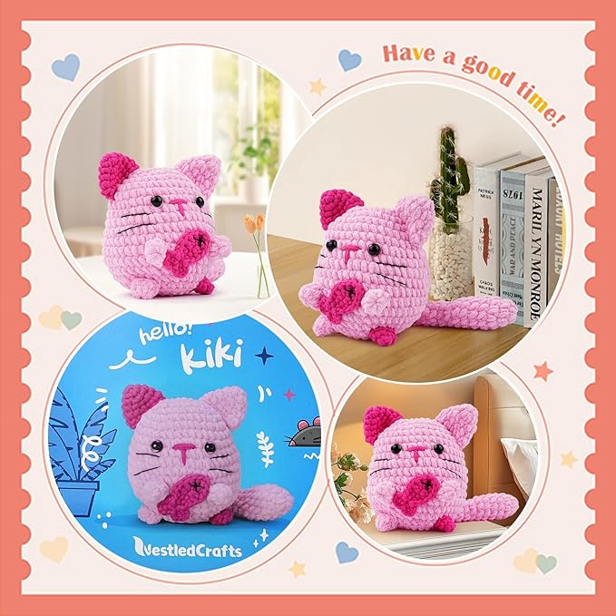 Vanttokeey Crochet Kit for Beginners, Animal Amigurumi Crochet Kits Included, Step-by-Step Video Tutorials, Beginner Crochet Kit for Adults and Kids, Crocheting Starter Set (Cat)