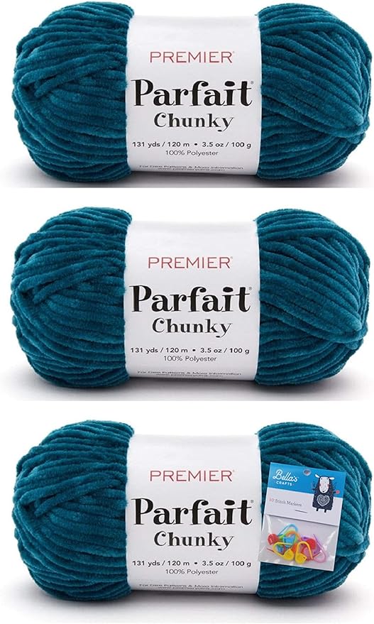 Premier Yarns Parfait Chunky Chenille Yarn 3.5 Oz 6 Super Bulky Weight 3 Pack Bundle with Bella's Stitch Place Holders (Peacock)