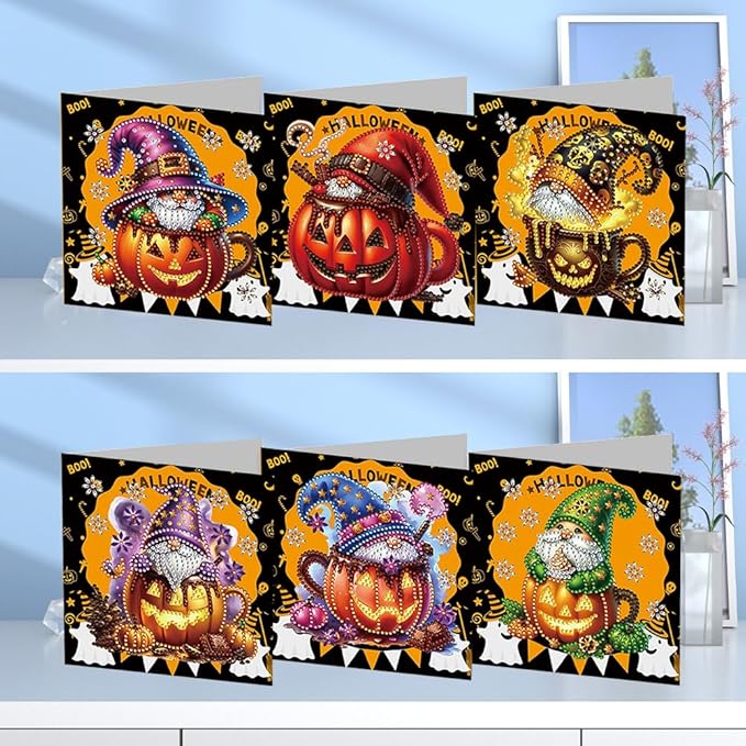 5D DIY Diamond Painting Greeting Card Kit, Diamond Art Halloween Pumpkin Gnome Holiday Greeting Card, Art Crafts Kit Creative Gift with Envelope (6pcs-Yellow)