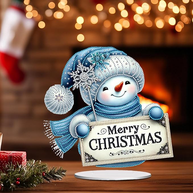 LAKEQUILL Christmas Diamond Painting Kits, Tabletop Ornament, Stand Up Diamond Art Desktop Kits for Home Office Decor, New Year Gift - Snowman (Blue)