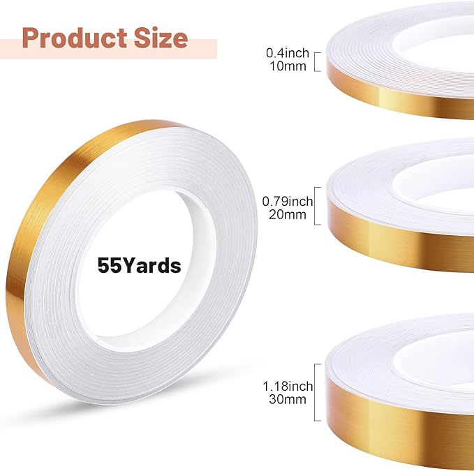 Zonon 3 Sizes Gold Self Adhesive Polyester Film Tape Washi Tape for Car Furniture Graphic Arts Walls Decor, 55 yds(10/20/30mm)