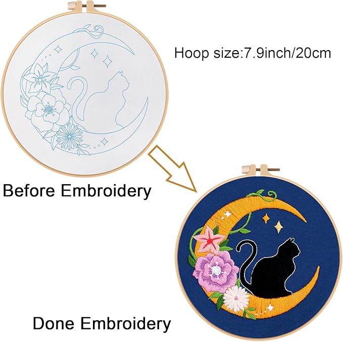 Louise Maelys Cat Moon Embroidery Kits for Beginners with Floral Pattern,Adults Starter Cross Stitch Kit DIY Needlepoint