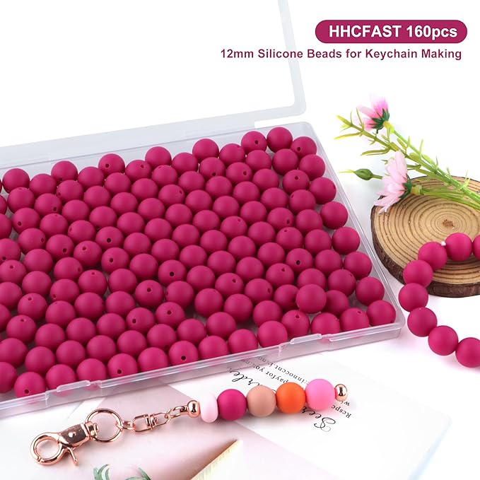 160Pcs 12mm Silicone Beads for Keychain Making Bracelet Necklace, Bulk Round Silicone Beads for Pens(Magenta)