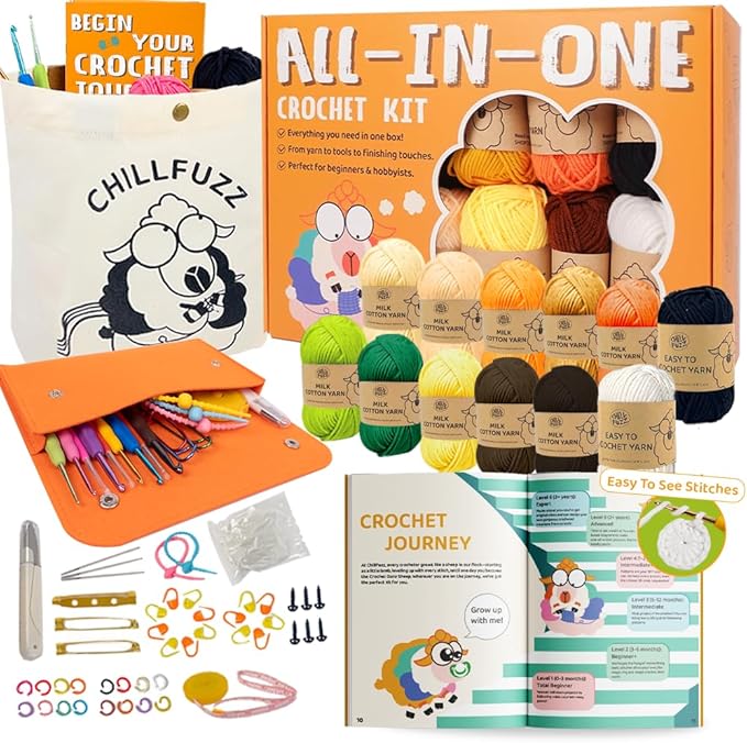 ChillFuzz Crochet Kit for Beginners 85 Piece Complete Crochet Set with Yarn, Hooks, Pattern Book – Beginner Crochet Kit for Adults & Kids with Tutorials, Great Christmas Gift for Craft Lovers Yellow