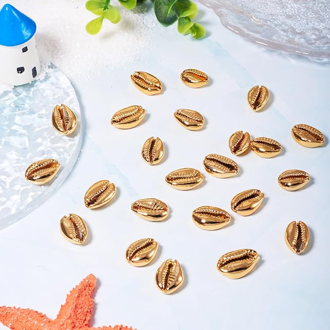 Cheriswelry 50pcs Light Gold Electroplated Shell Beads Cowrie Shells Spiral Sea Shell Summer Beach Loose Spacer Beads for Bracelet Craft Jewelry Making Fish Tanks Home Decoration 15~20mm